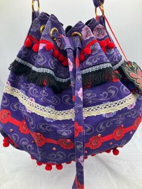 Anna Sui Boho Purple Floral Drawstring Bucket Bag